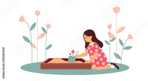 Illustration of a girl planting flowers in a sandbox surrounded by flowers in a garden or park like setting