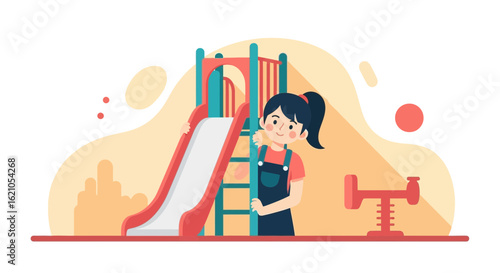 Illustration of a girl playing in the park with slide and springboard seesaw smiling happy and joyful enjoying time alone