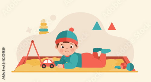Illustration of a happy baby playing in a sandbox with toys, enjoying childhood moments and creative play activities