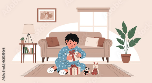 Illustration of a happy little boy in pajamas opening a present on the floor with toys around in cozy room