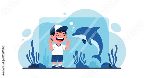 Illustration of a joyful boy admiring a dolphin in an aquarium exhibit at the zoo showcasing wildlife conservation and educational experiences
