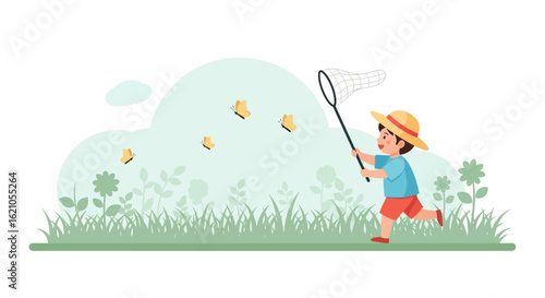 Illustration of a joyful boy chasing butterflies in a green meadow with net