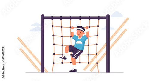 Illustration of a joyful boy climbing a net structure at a park playground scene