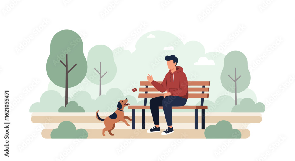 Fototapeta premium Illustration of a man playing with his dog in the park on a sunny day scene