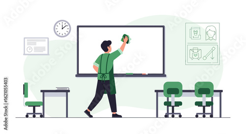 Illustration of a man cleaning a whiteboard in a classroom setting with desks and chairs depicting hygiene and cleanliness
