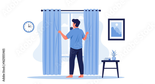 Illustration of a man opening curtains in the morning while holding a drink, creating a peaceful start to the day