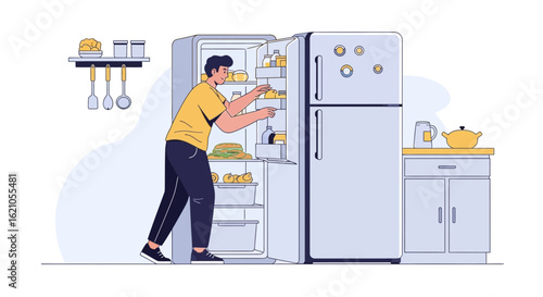 Illustration of a man reaching into a refrigerator filled with various food items and ingredients in a kitchen setting