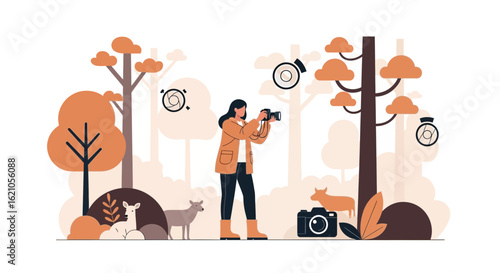 Illustration of a nature photographer capturing wildlife in a serene forest environment with deers
