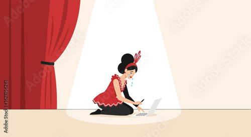 Illustration of a performer crying at a laptop on stage, symbolizing creative block and the pressures of modern artistry
