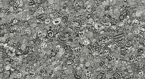 Whimsical world intricate doodle art featuring playful faces and detailed shapes