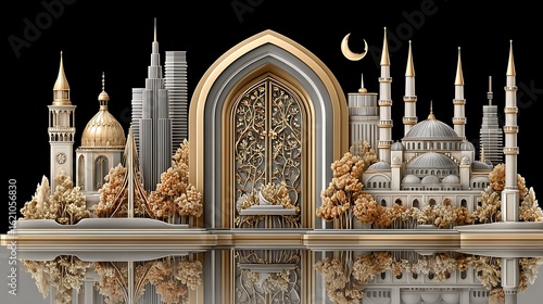 Contemporary skyline with decorative golden landmarks elements high resolution pictures