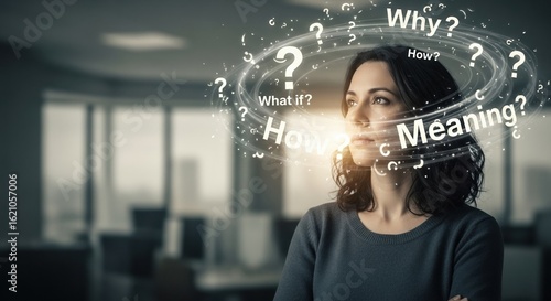 Woman surrounded by thought bubbles like 