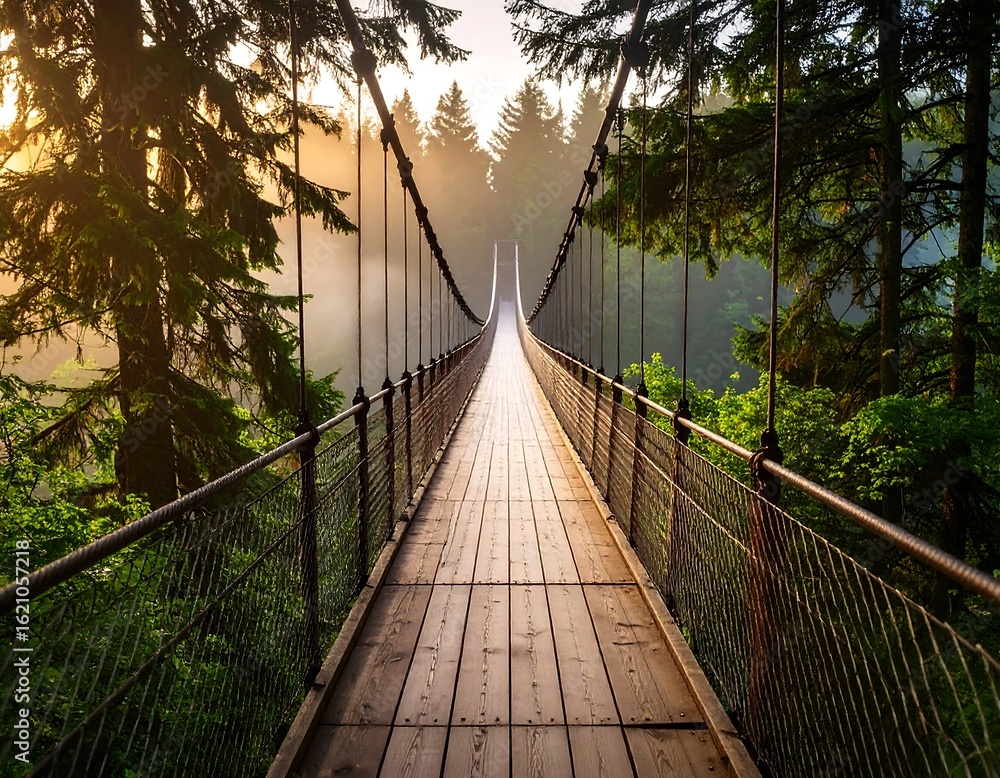 Fototapeta premium Misty suspension bridge through forest at sunrise