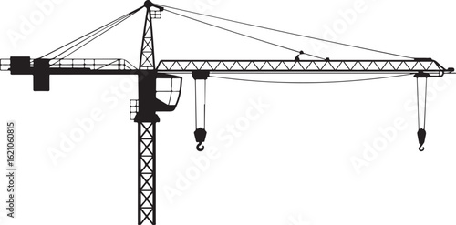 Black silhouette of a construction tower crane with a lattice mast operators cab and two hooks