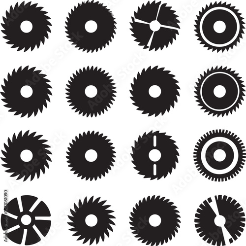 Collection of black circular saw blade silhouettes with various tooth designs and shapes