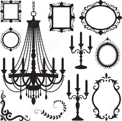 Elegant collection of black vintage silhouettes featuring an ornate chandelier candelabras and decorative baroque frames