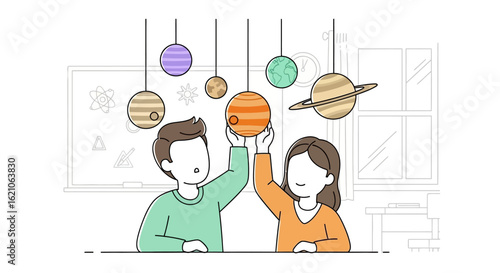 Celestial Exploration Children Exploring a Solar System Model, Igniting Curiosity in Astronomy