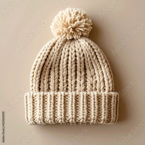 Cream Colored Knitted Winter Hat with Pom Pom on a Beige Background
