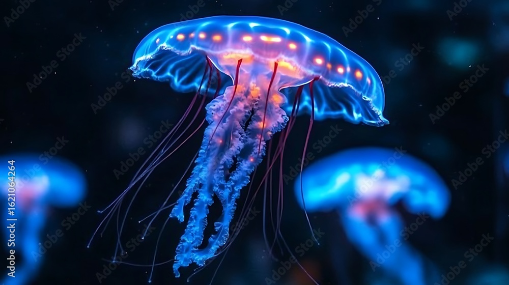 Fototapeta premium Glowing jellyfish in a dark aquarium setting.