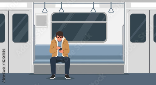 Sad man using his mobile phone in a subway car illustrating loneliness and technology influence and disconnection with social reality
