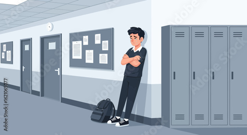 Sad teenage boy standing alone in a school hallway reflecting on his challenges and insecurities