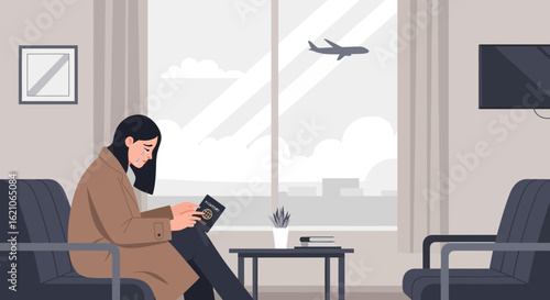 Sad woman holding passport in airport departure lounge feeling emotional  grief