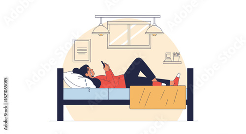 Sad woman lying on bed looking at phone screen with tears in her eyes illustration