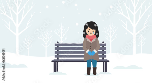 Sad woman sitting alone on a bench in a snowy winter landscape with bare trees and snowfall