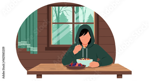 Person In Cabin Eating Healthy Breakfast With Window View Background