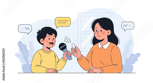 Person Interviewing Individual With Microphone For Content Creation In Flat Vector