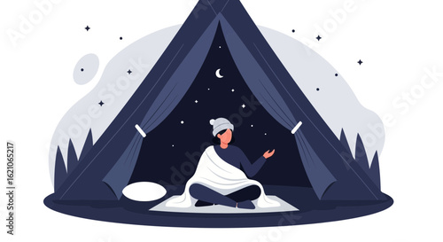 Person Meditating In Tent Under The Stars During Camping Trip Alone