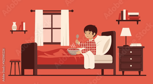 Sad Youngster Has Soup In Bed With Window In Bedroom Interior
