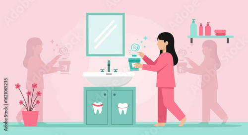 Morning Routine Depicting Oral Hygiene And Dental Care In Clean Bathroom