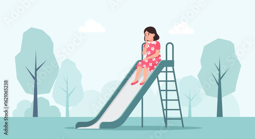 Sad young woman sitting on a slide in a park with a pensive expression feeling lonely