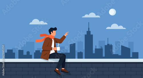 Person Relaxing With Coffee Cityscape Backdrop Minimalist Design Morning