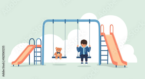 Sadness At Playground: Conceptual Illustration Of A Boy With Teddy Bear