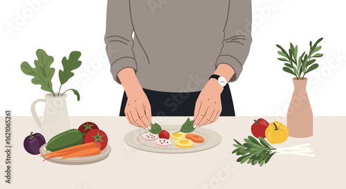 Person Preparing Healthy Meal with Fresh Vegetables And Fruits At Home