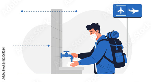 Safe Travels Man Washing Hands At Airport With Face Mask During Pandemic