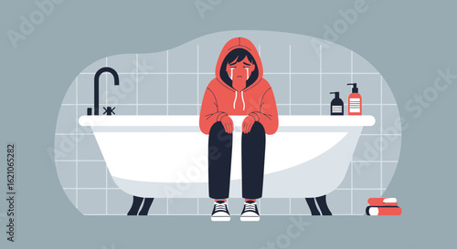 Person Sits In Bathroom With Sadness And Crying Depression Mood Disorders