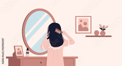 Morning Routine Illustration Girl Combing Her Hair Before The Mirror