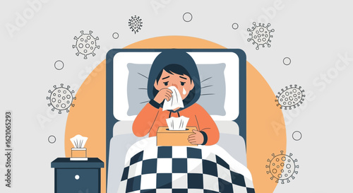 Person Suffering From Virus Symptoms Lying In Bed Surrounded By Germs