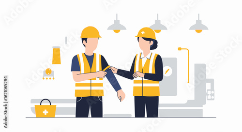 Safety Compliance At Factory Female Worker Checking The Sleeve Of A Male Colleague