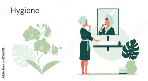 Morning Routine Woman Brushing Teeth In Bathroom With Floral Decoration