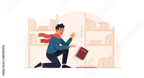 Scholar Clumsily Drops a Book With Surprise While Studying in Library
