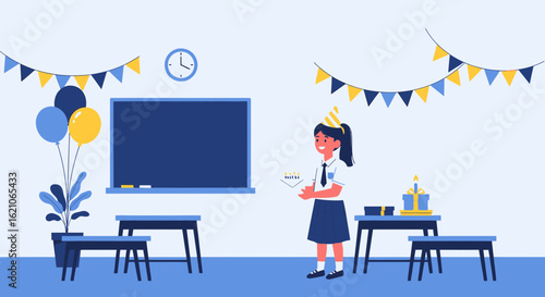 School Birthday Celebration Depicts a Girl Holding Cake in Classroom