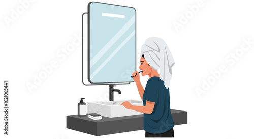 Morning Routine Woman Brushing Teeth In Bathroom With Towel On Head