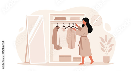 Morning Routine Woman Choosing Outfit In Wardrobe For Daily Life Style