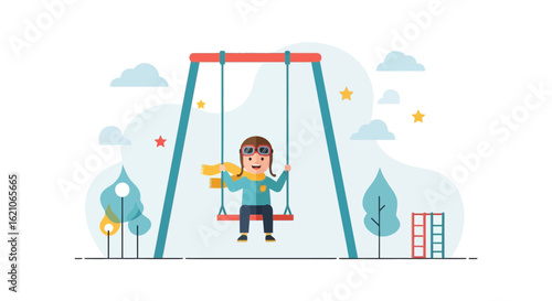Playful Child on Swing Set in Whimsical Park Scene Illustration for Children