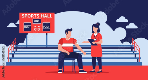 Post Game Assessment Athlete With Medical Personnel In Sports Hall Facility