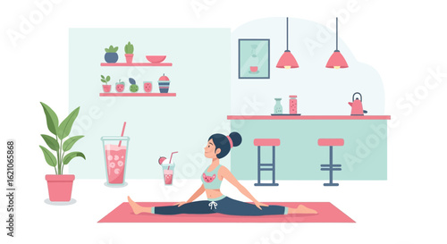 Morning Stretching Routine Woman Performing Splits Exercise Inside Kitchen
